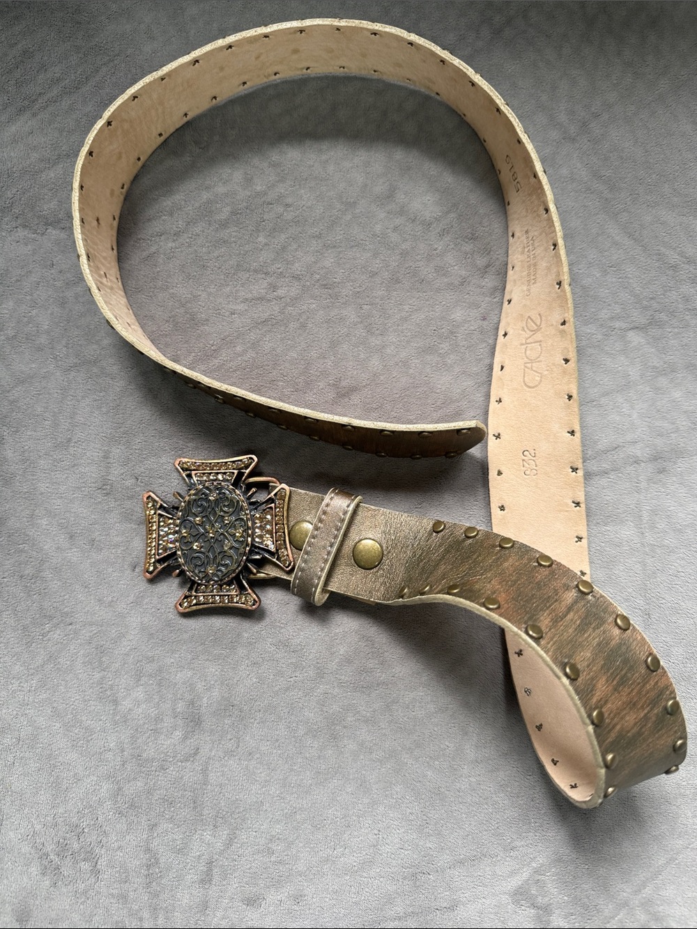 Studded Metallic Bronze Leather Belt with Ornate Cross Buckle crystal buckle .